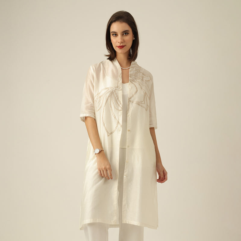 Women Pearl White Chanderi Silk Overlay | Hand-Embroidered Lotus Motif