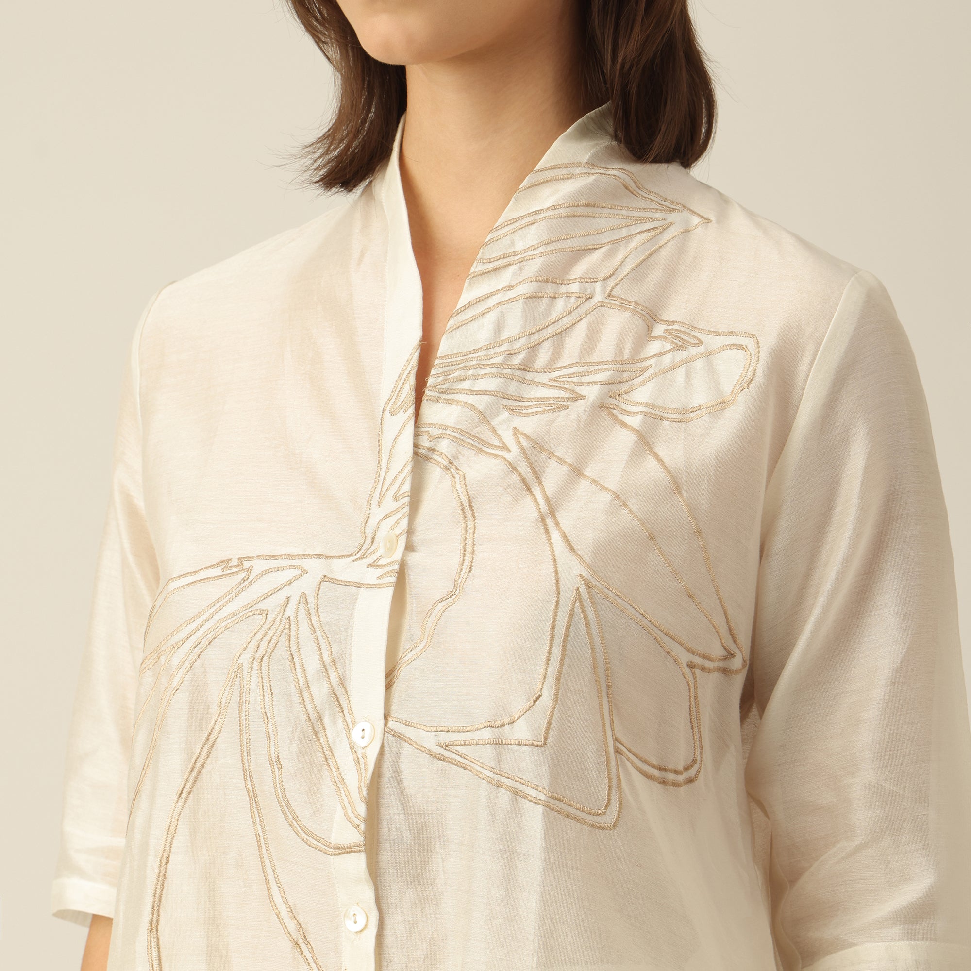 Women Pearl White Chanderi Silk Overlay | Hand-Embroidered Lotus Motif