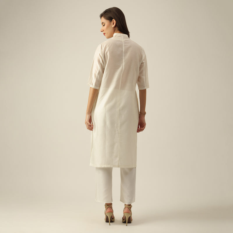 Women Pearl White Chanderi Silk Overlay | Hand-Embroidered Lotus Motif
