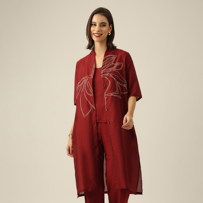 Women Maroon Chanderi Silk Overlay | Hand-Embroidered Lotus Motif
