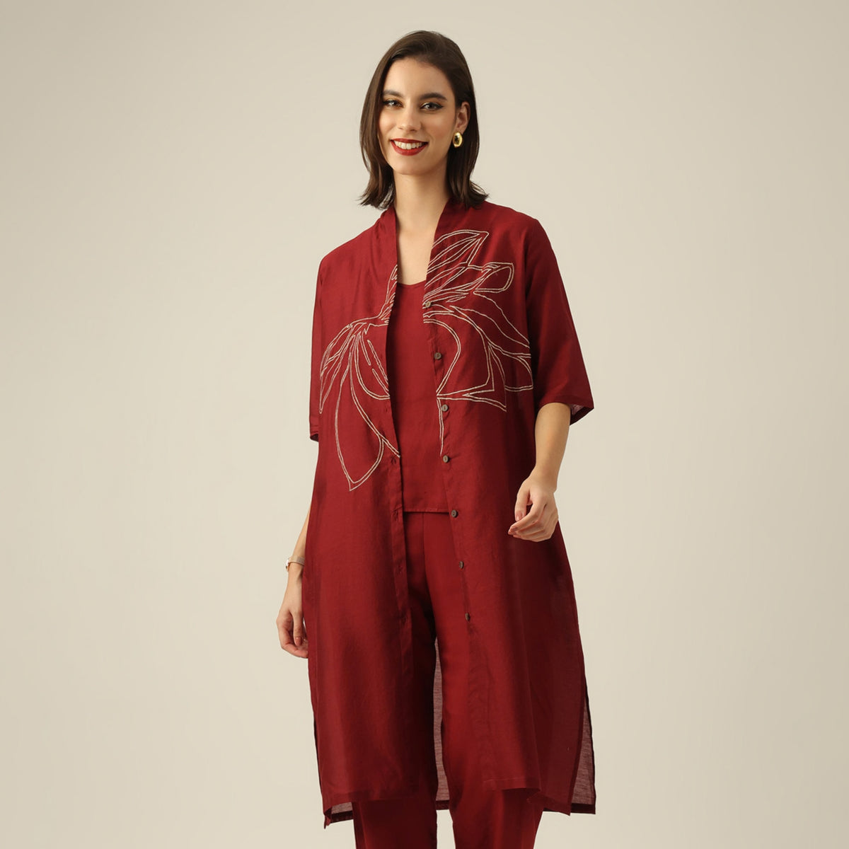 Women Maroon Chanderi Silk Overlay | Hand-Embroidered Lotus Motif