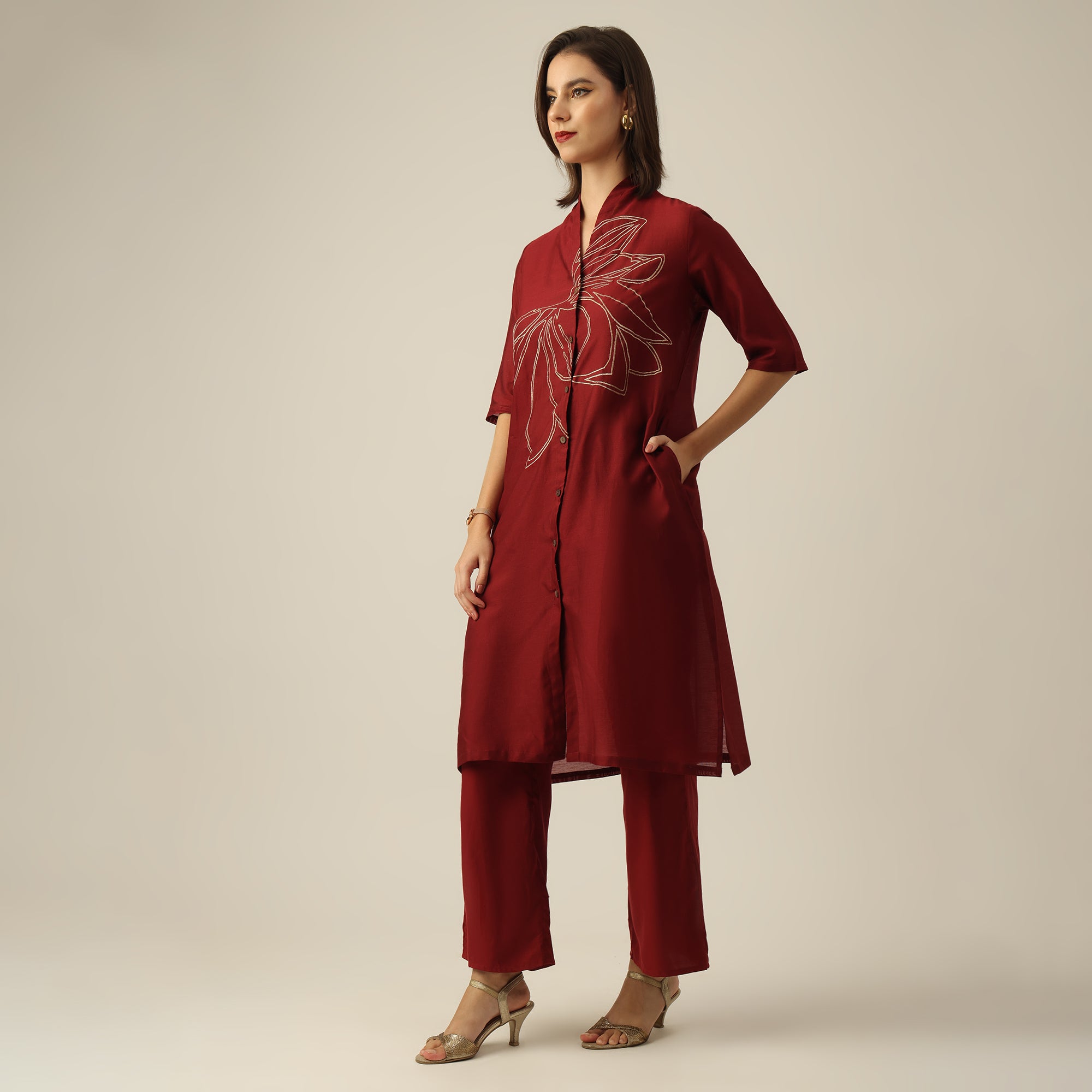 Women Maroon Chanderi Silk Overlay | Hand-Embroidered Lotus Motif