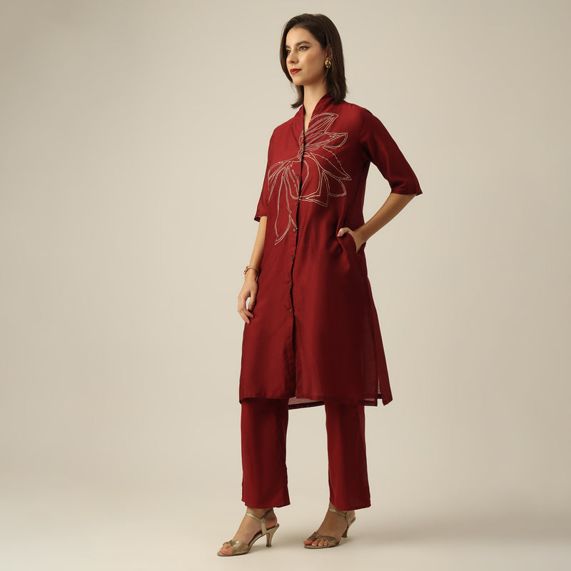 Women Maroon Chanderi Silk Overlay | Hand-Embroidered Lotus Motif