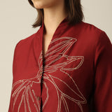 Women Maroon Chanderi Silk Overlay | Hand-Embroidered Lotus Motif