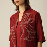 Women Maroon Chanderi Silk Overlay | Hand-Embroidered Lotus Motif