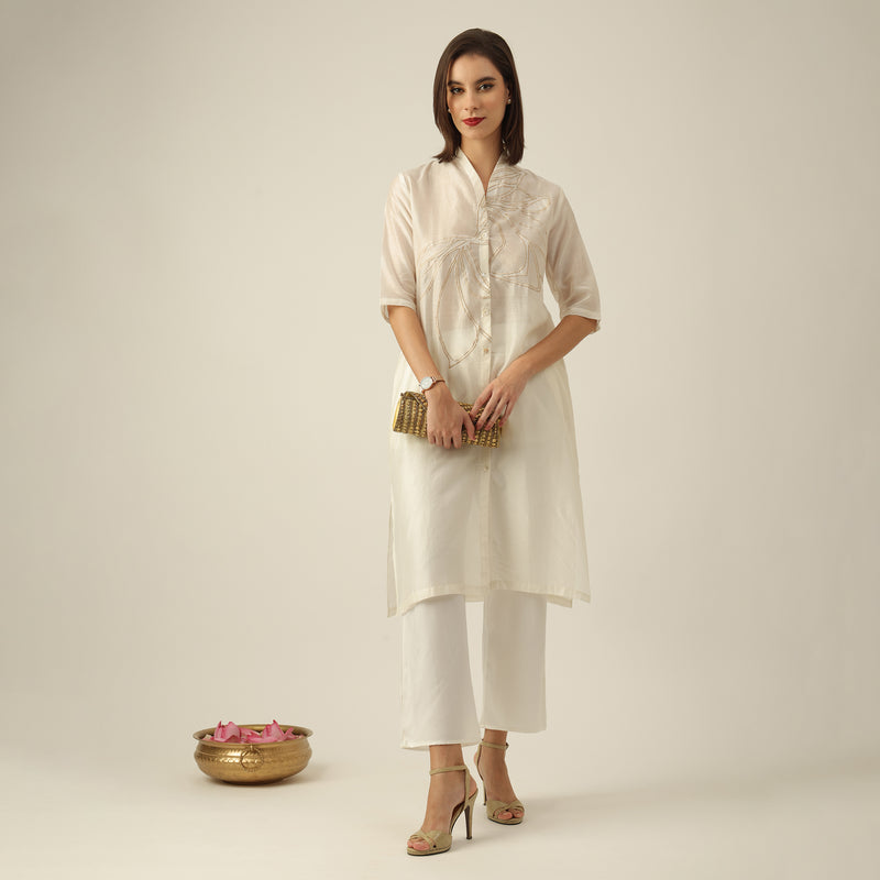 Women Pearl White Chanderi Silk Long Shirt with Lotus Hand Embroidery & Pants Co-ord set
