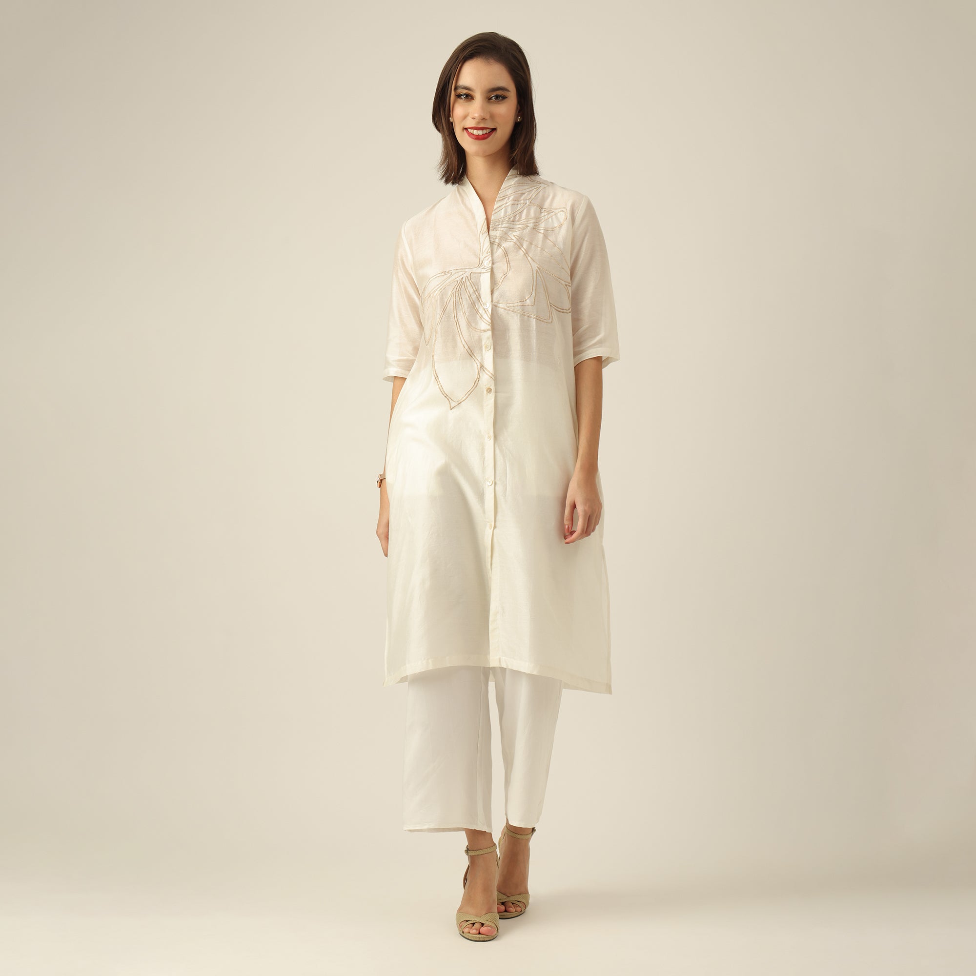 Women Pearl White Chanderi Silk Long Shirt with Lotus Hand Embroidery & Pants Co-ord set