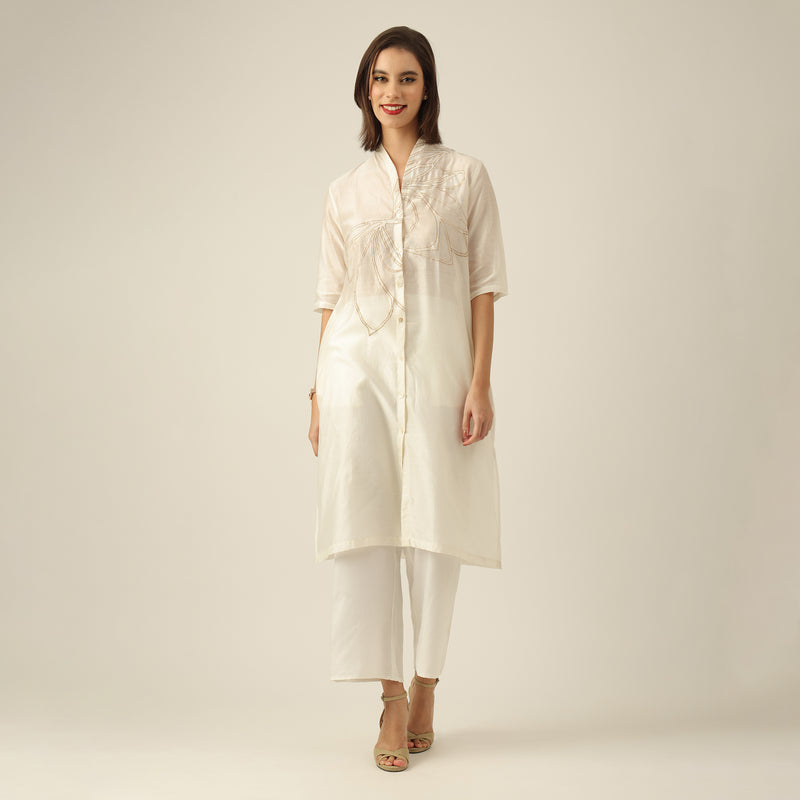 Women Pearl White Chanderi Silk Long Shirt with Lotus Hand Embroidery & Pants Co-ord set