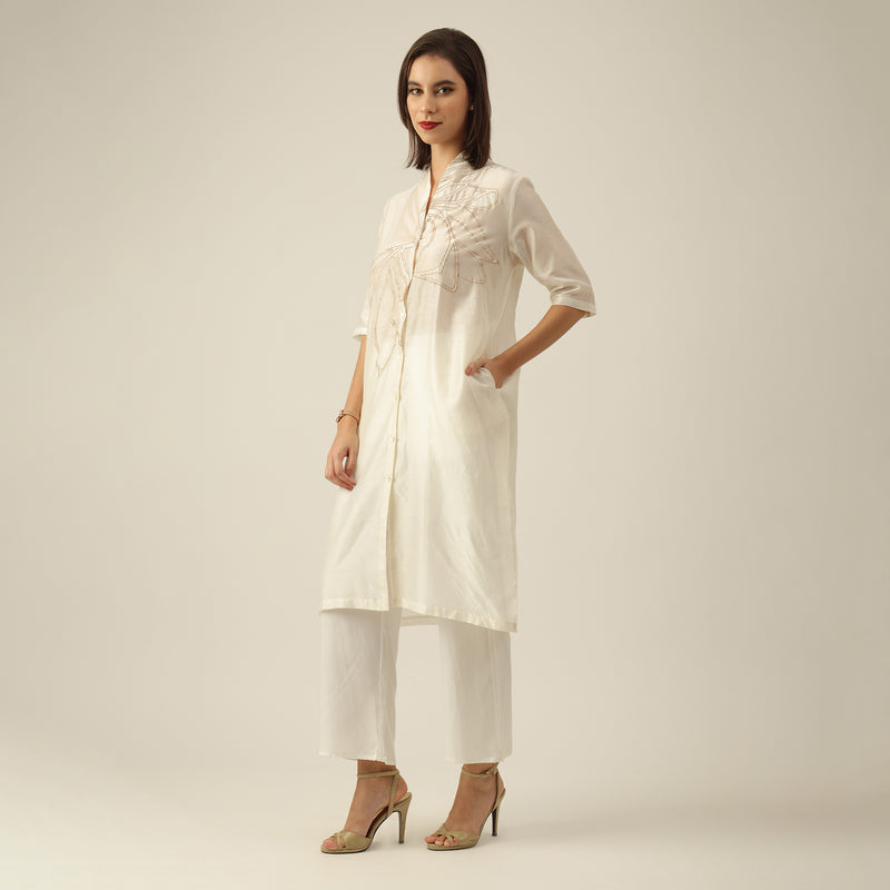 Women Pearl White Chanderi Silk Long Shirt with Lotus Hand Embroidery & Pants Co-ord set