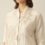 Women Pearl White Chanderi Silk Long Shirt with Lotus Hand Embroidery & Pants Co-ord set