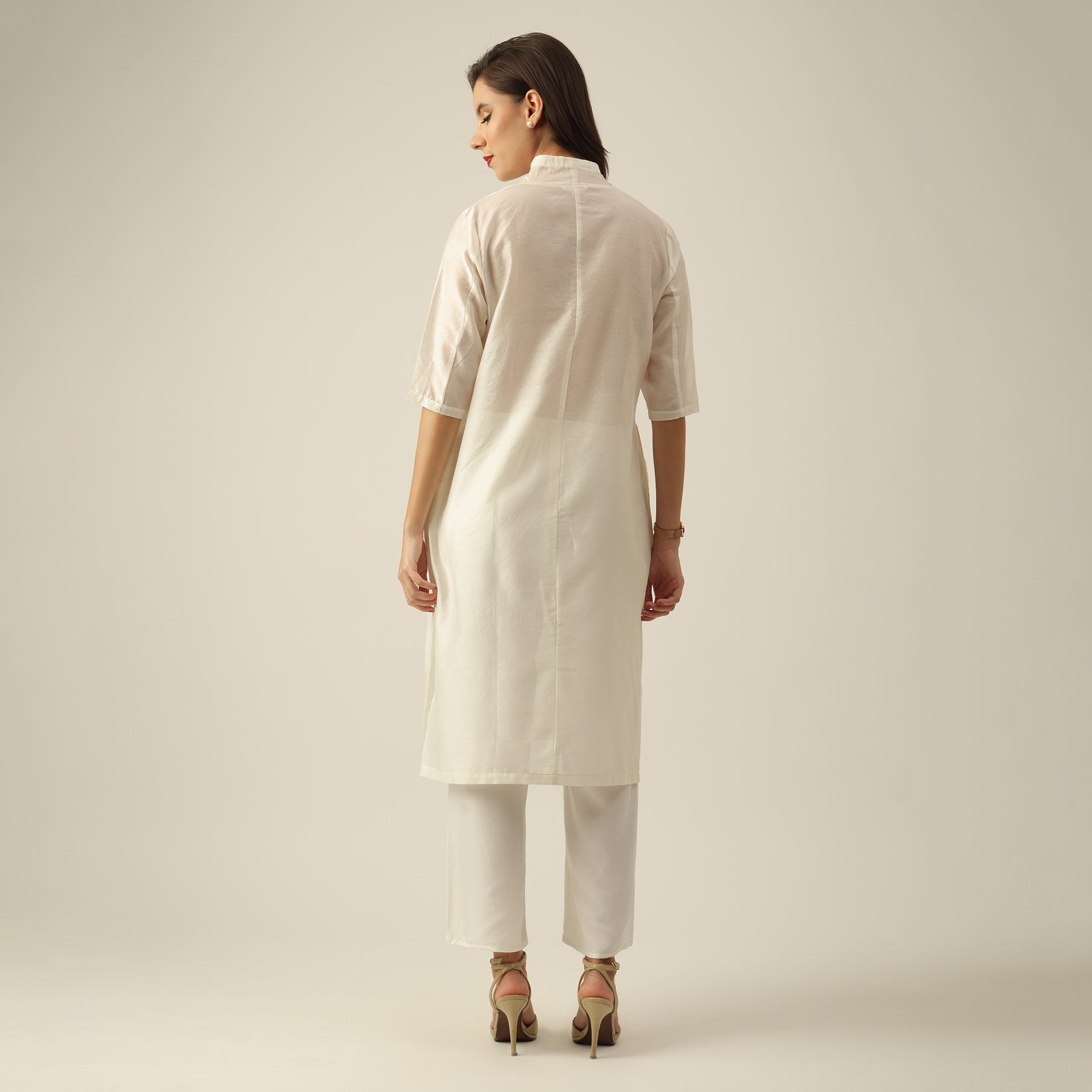 Women Pearl White Chanderi Silk Long Shirt with Lotus Hand Embroidery & Pants Co-ord set