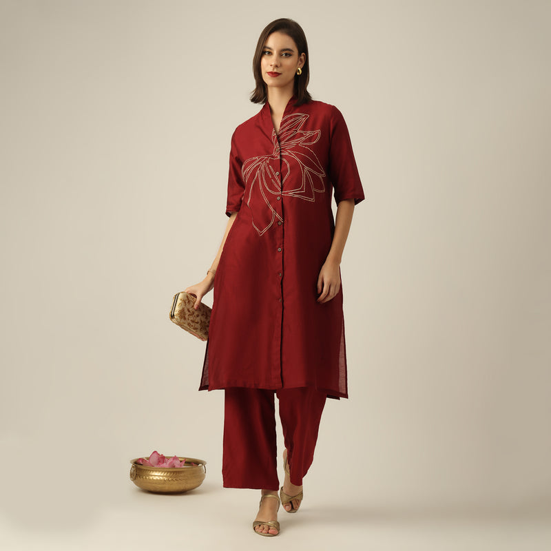 Women Maroon Chanderi Silk Long Shirt with Lotus Hand Embroidery & Pants Co-ord set