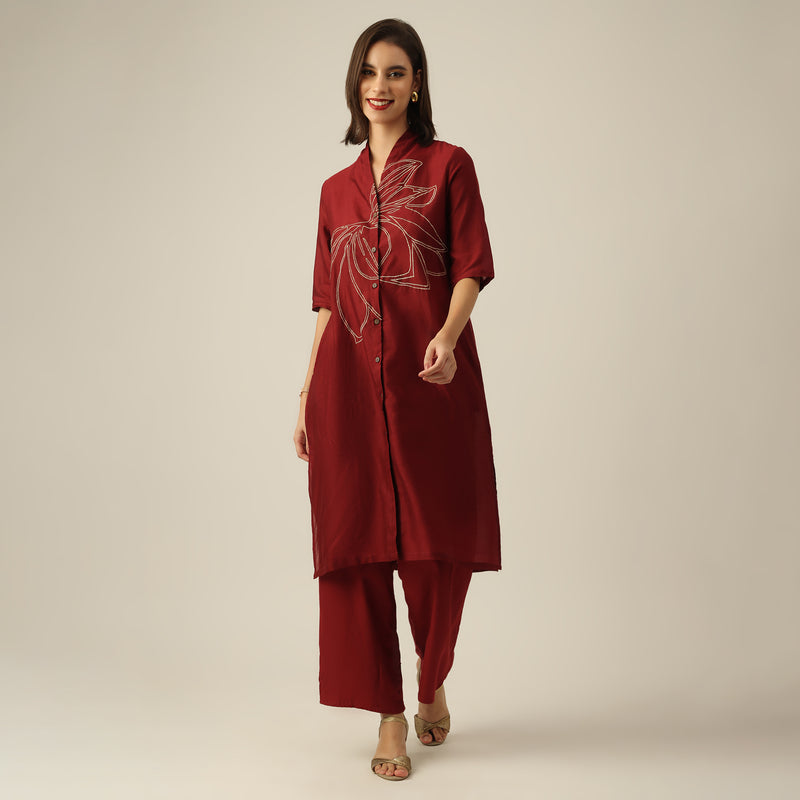 Women Maroon Chanderi Silk Long Shirt with Lotus Hand Embroidery & Pants Co-ord set