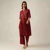 Women Maroon Chanderi Silk Long Shirt with Lotus Hand Embroidery & Pants Co-ord set