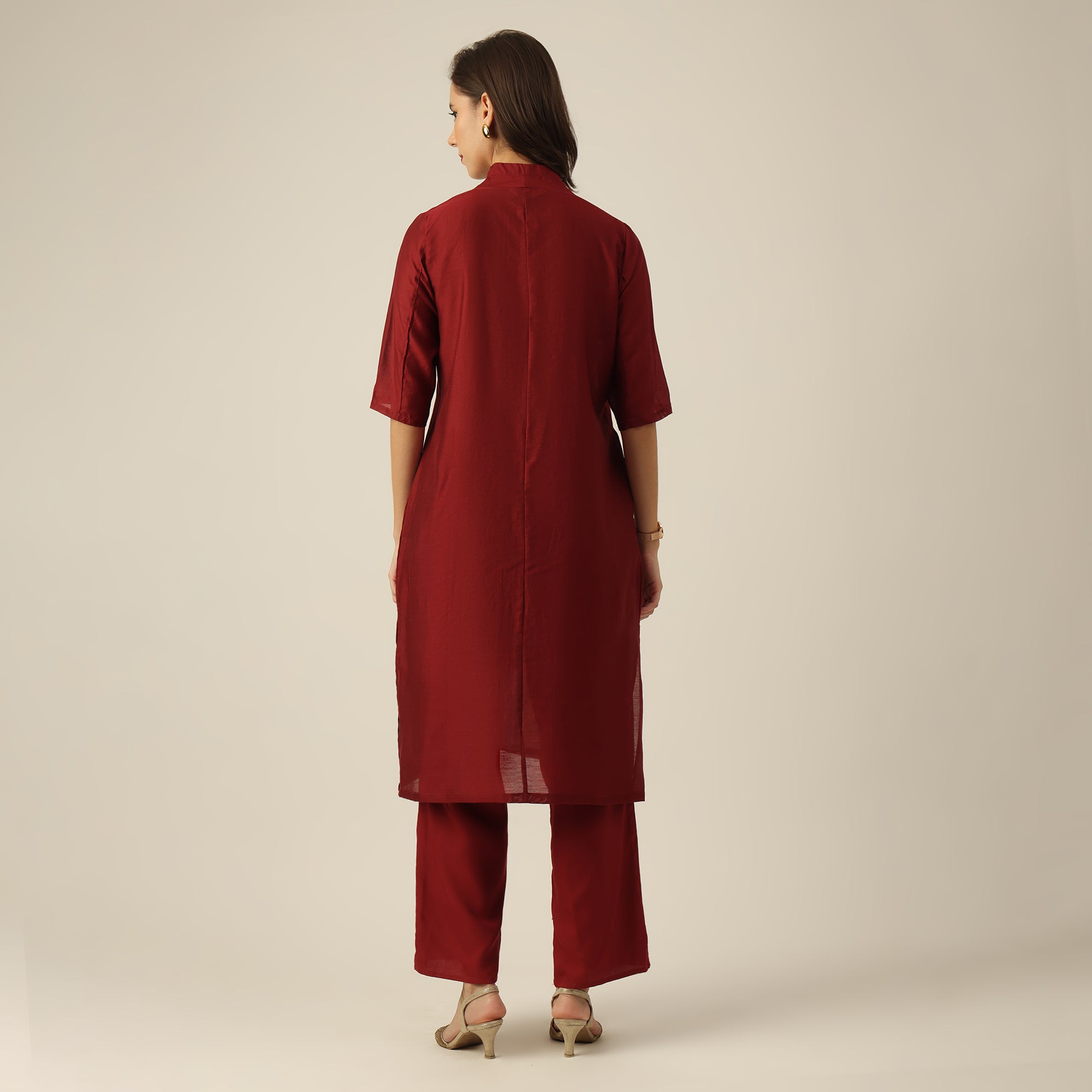 Women Maroon Chanderi Silk Long Shirt with Lotus Hand Embroidery & Pants Co-ord set
