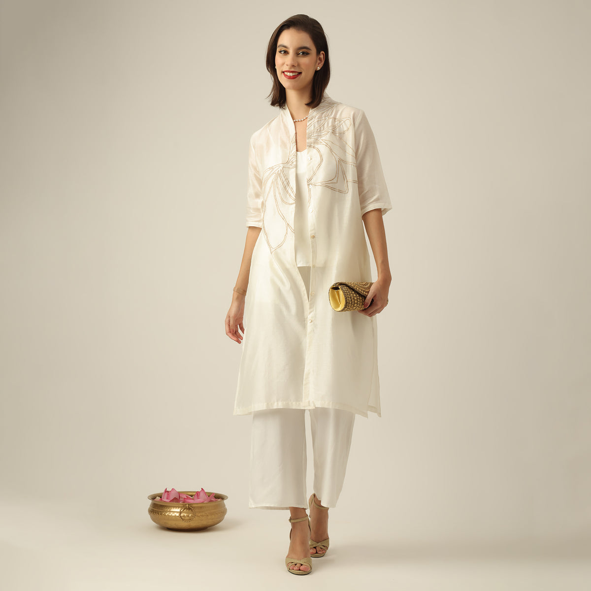 Women Pearl White Chanderi Silk Dakota set of 3 with Hand-Embroidered Lotus Motif