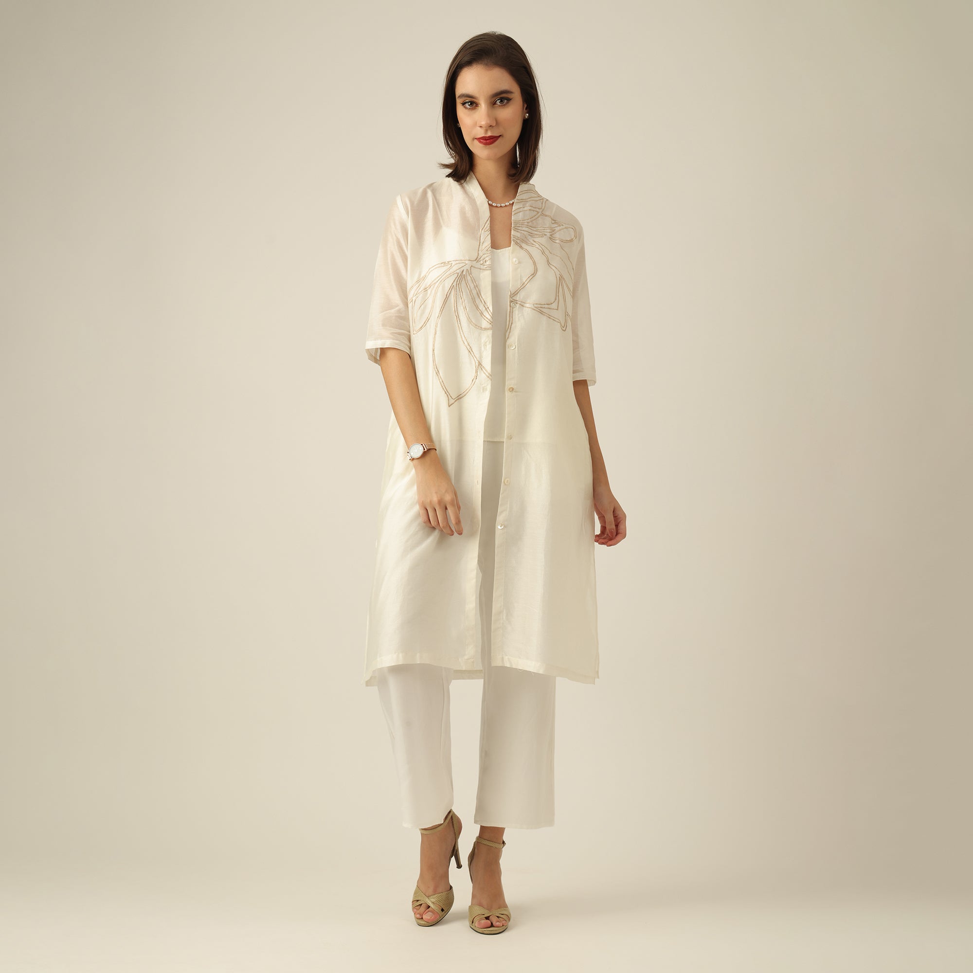 Women Pearl White Chanderi Silk Dakota set of 3 with Hand-Embroidered Lotus Motif
