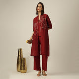Women Maroon Chanderi Silk Dakota set of 3 with Hand-Embroidered Lotus Motif