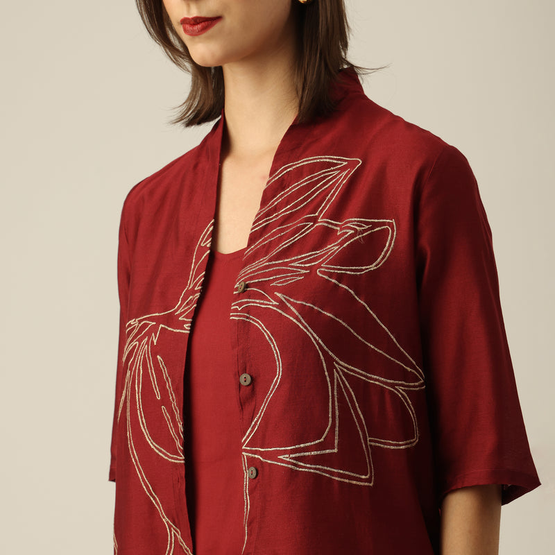 Women Maroon Chanderi Silk Dakota set of 3 with Hand-Embroidered Lotus Motif