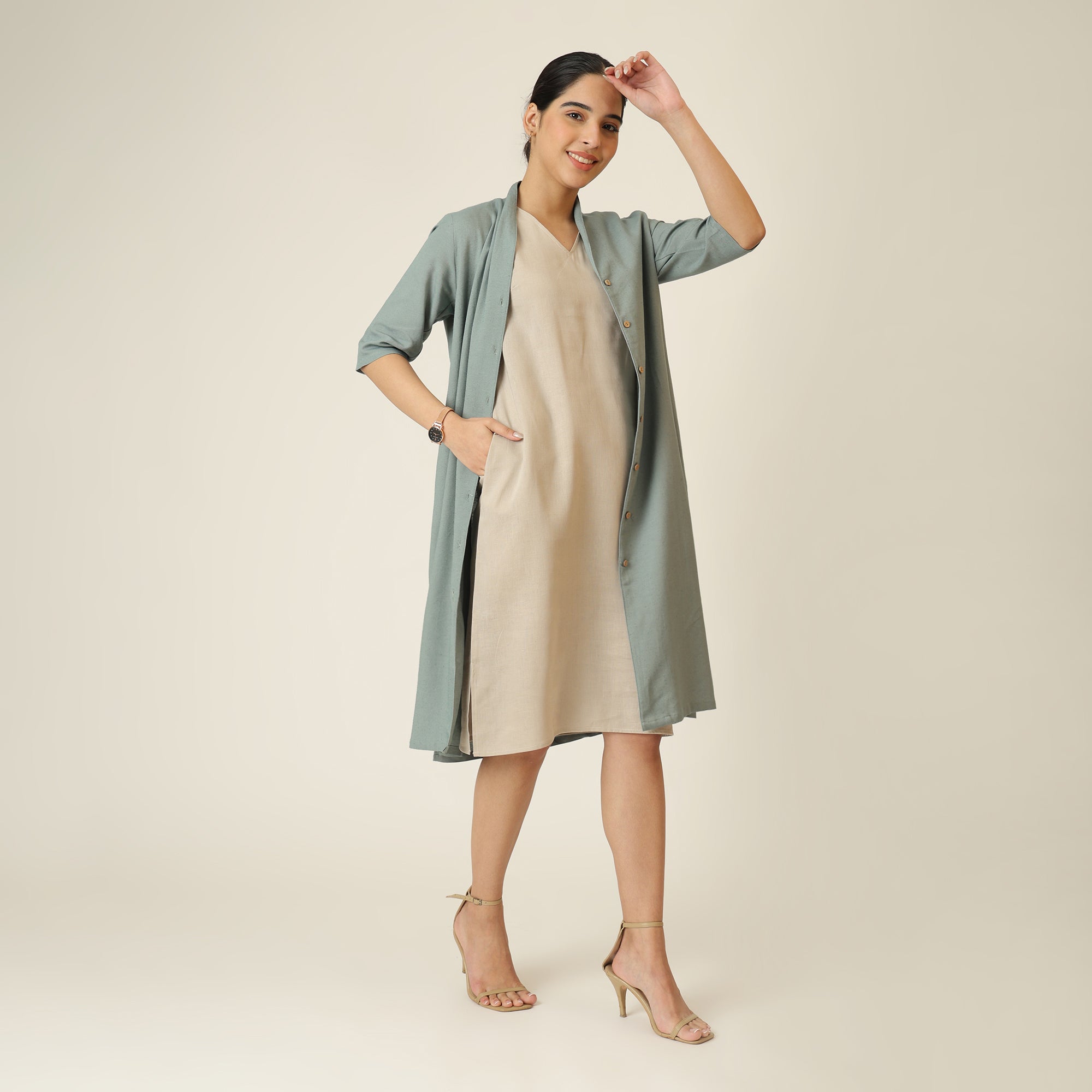Dakota Set Of 2 - Long Shirt Jacket & Dress - Agave Green & Greige
