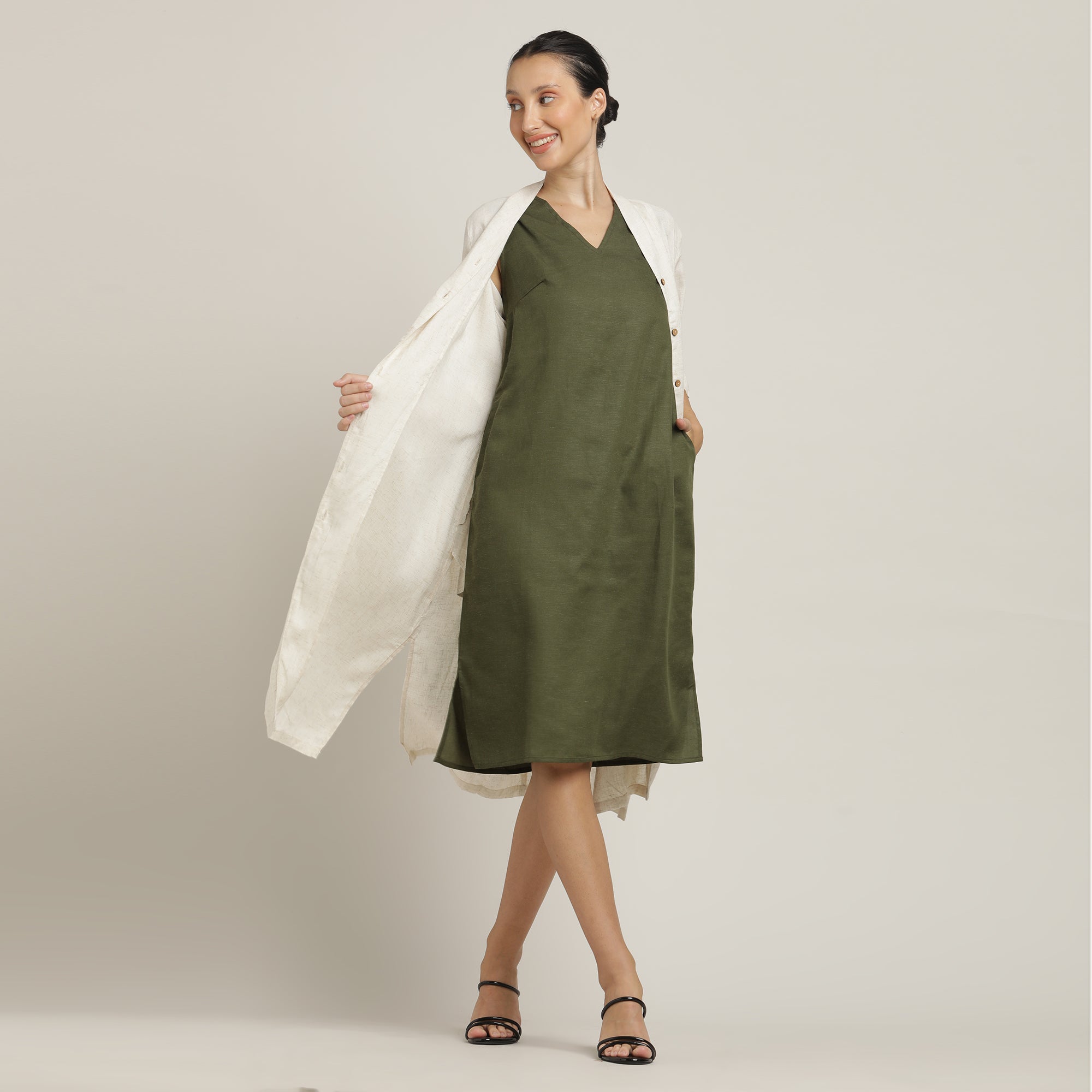 Dakota Dress & Jacket Set - Overlay & Midi Dress - Beige & Olive Green