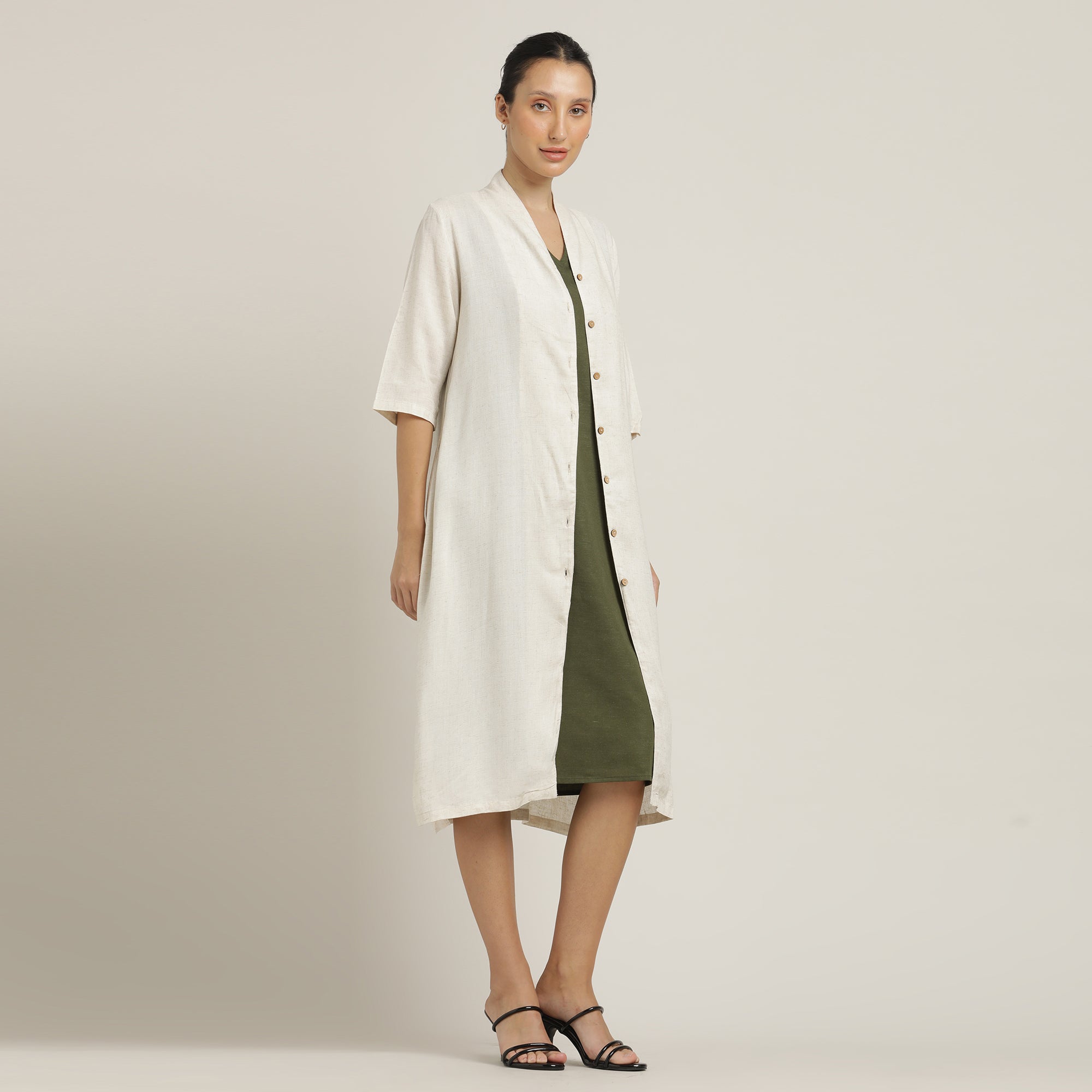 Dakota Dress & Jacket Set - Overlay & Midi Dress - Beige & Olive Green