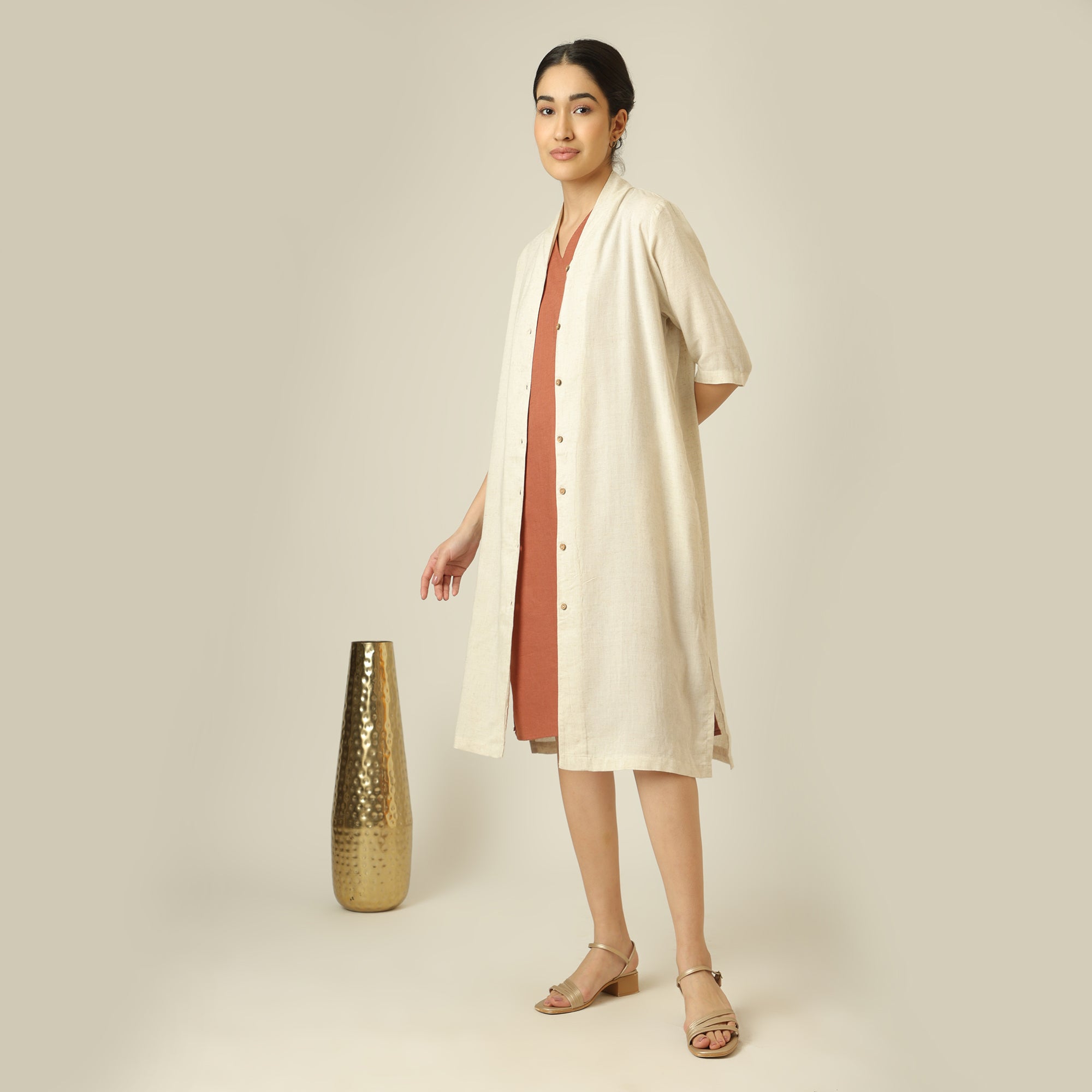 Dakota Set Of 2 - Long Shirt Jacket & Dress - Beige & Terracotta Brown