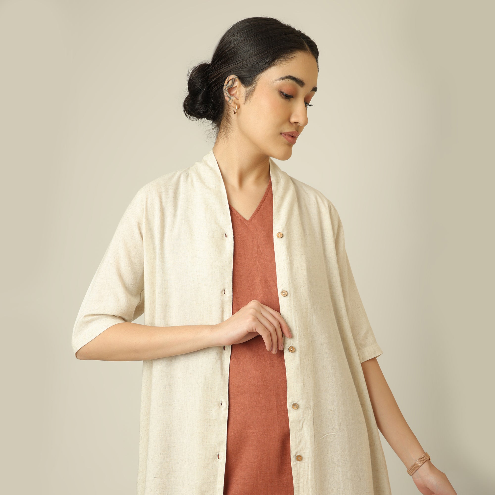 Dakota Set Of 2 - Long Shirt Jacket & Dress - Beige & Terracotta Brown