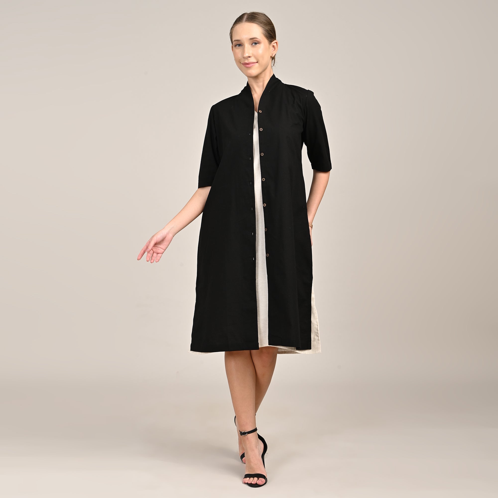 Dakota Set Of 2 - Long Shirt Jacket & Dress - Black & Beige