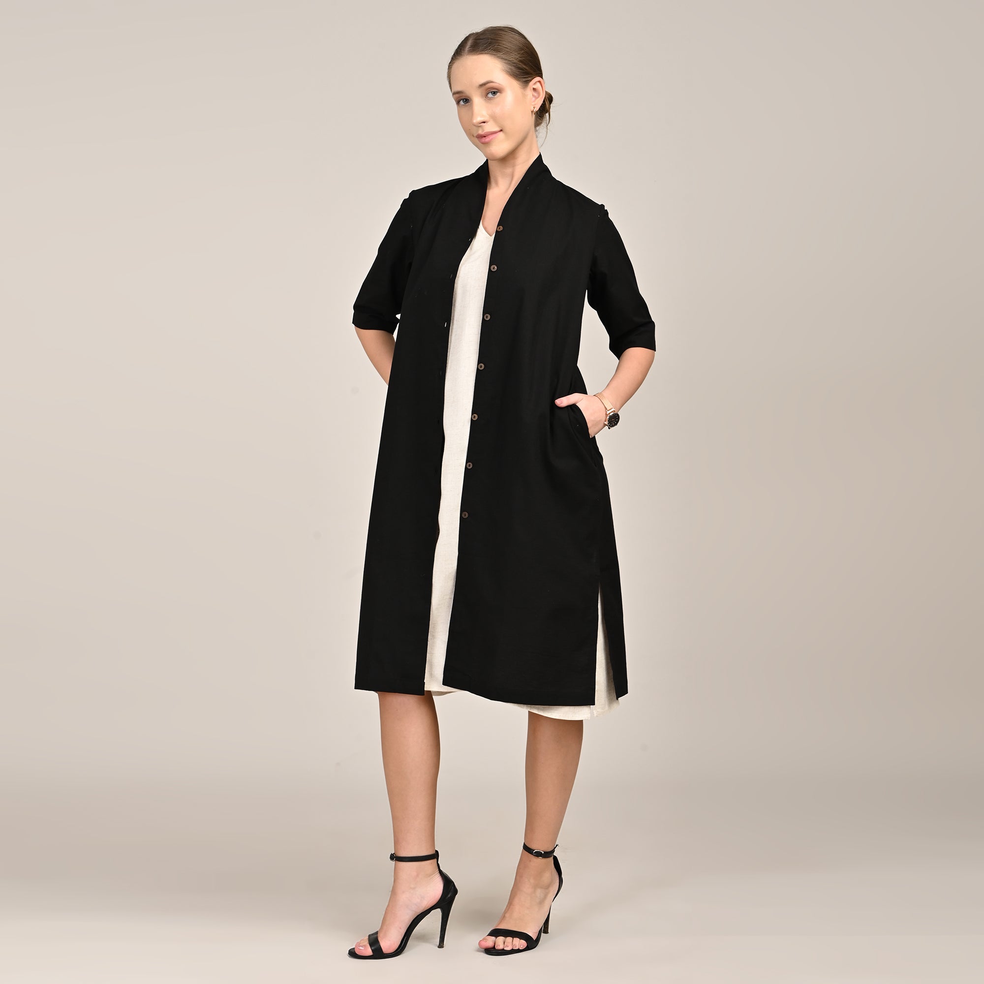 Dakota Set Of 2 - Long Shirt Jacket & Dress - Black & Beige