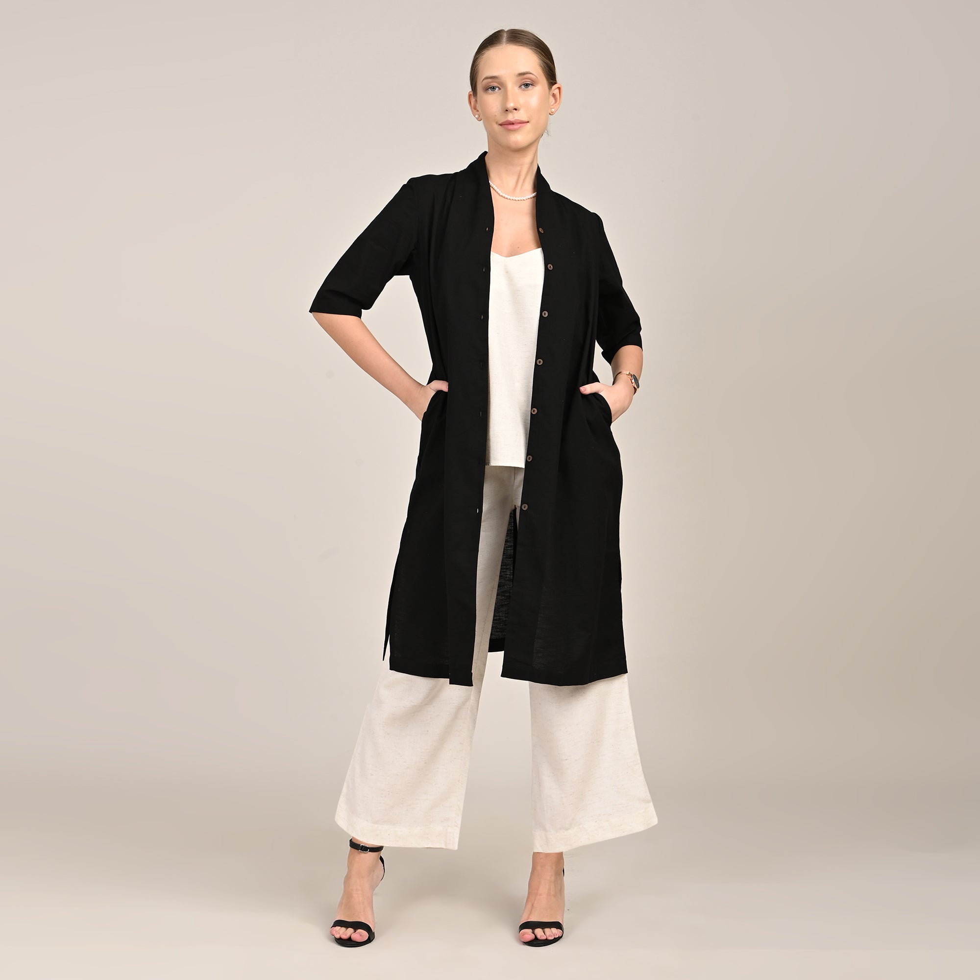 Dakota  Set of 3 - Long Shirt, Inner & Pants - Black & Ecru