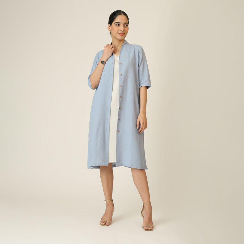 Dakota Set Of 2 - Long Shirt Jacket & Dress - Dusty Blue & Ecru