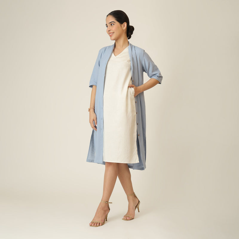 Dakota Set Of 2 - Long Shirt Jacket & Dress - Dusty Blue & Ecru