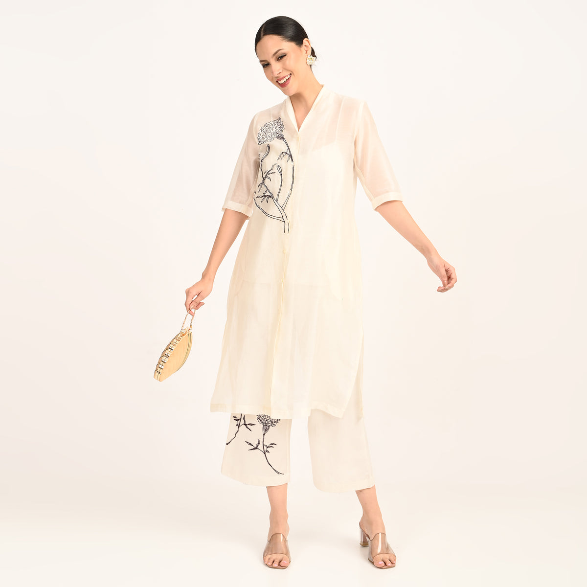 Dakota Co-ord Set With Hand Embroidered Motif - Limited Edition - Pearl White Chanderi Silk