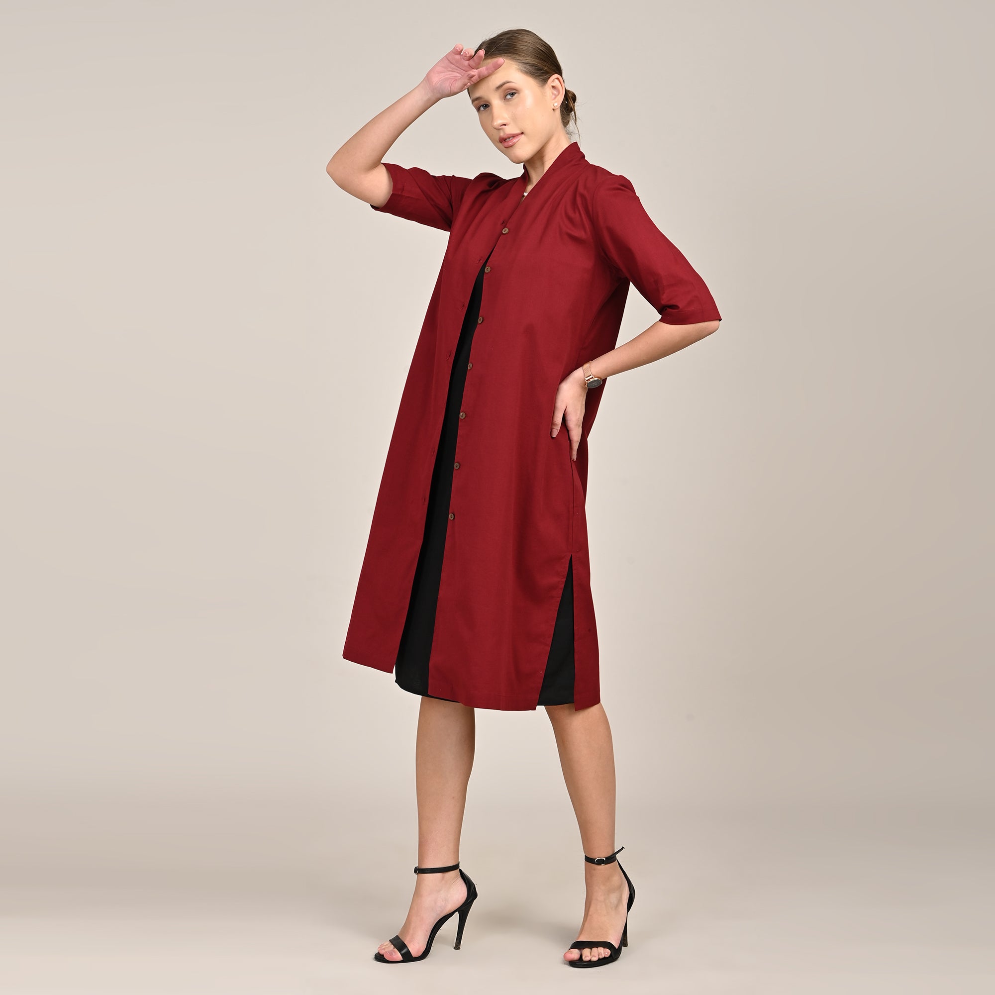 Dakota Set Of 2 - Long Shirt Jacket & Dress - Maroon & Black