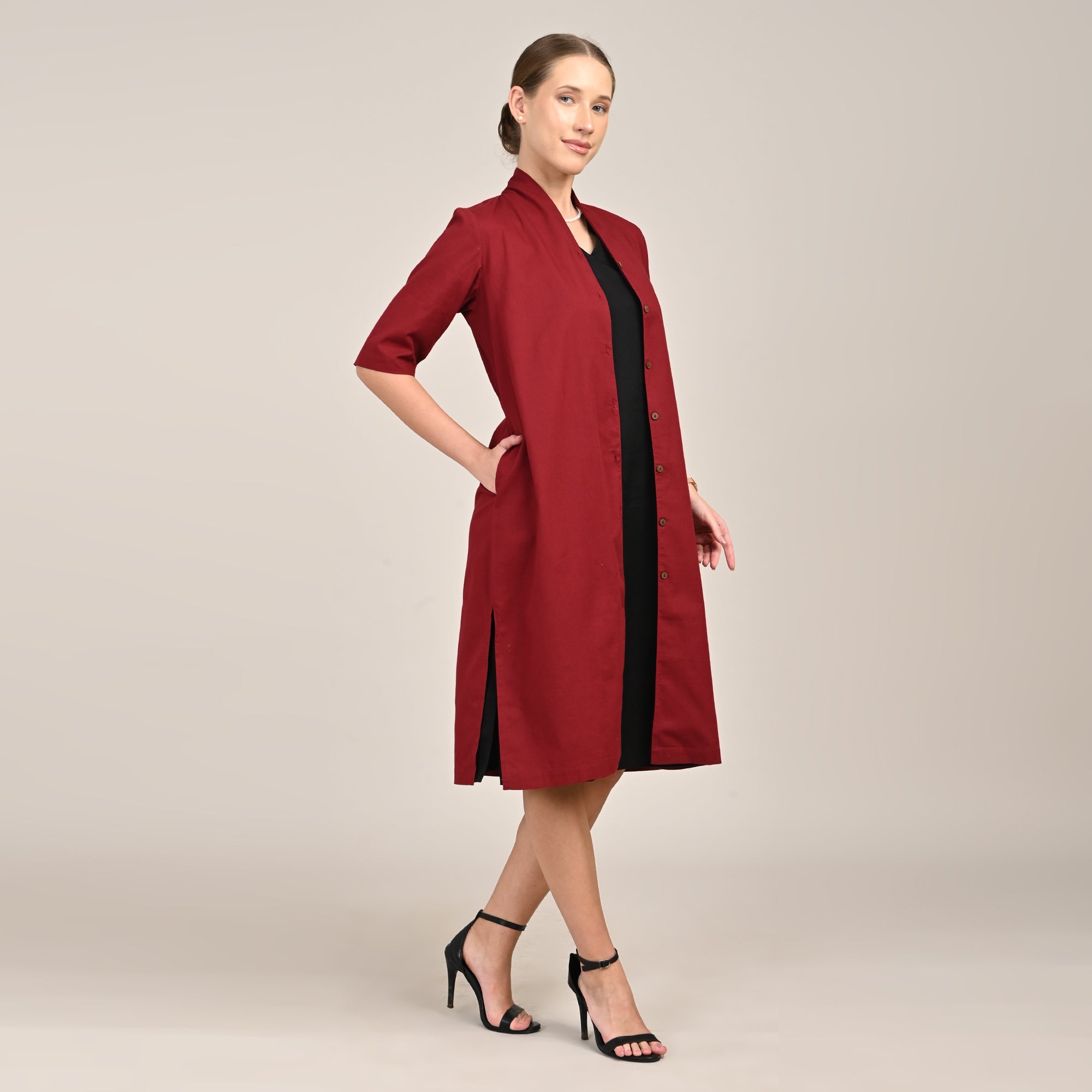 Dakota Set Of 2 - Long Shirt Jacket & Dress - Maroon & Black