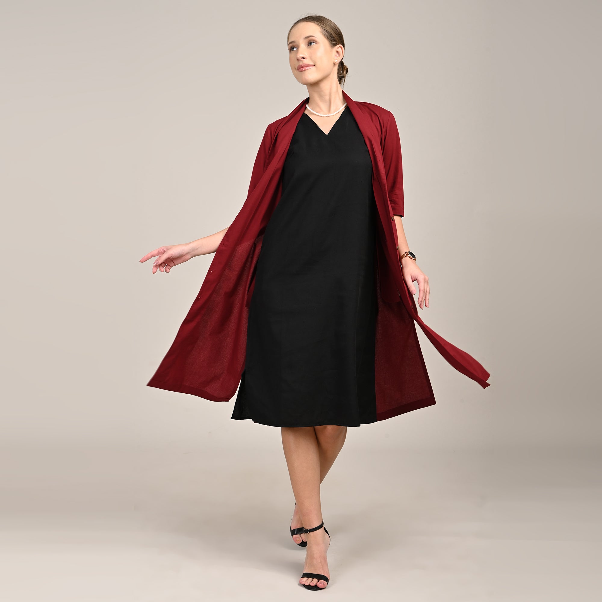 Dakota Set Of 2 - Long Shirt Jacket & Dress - Maroon & Black
