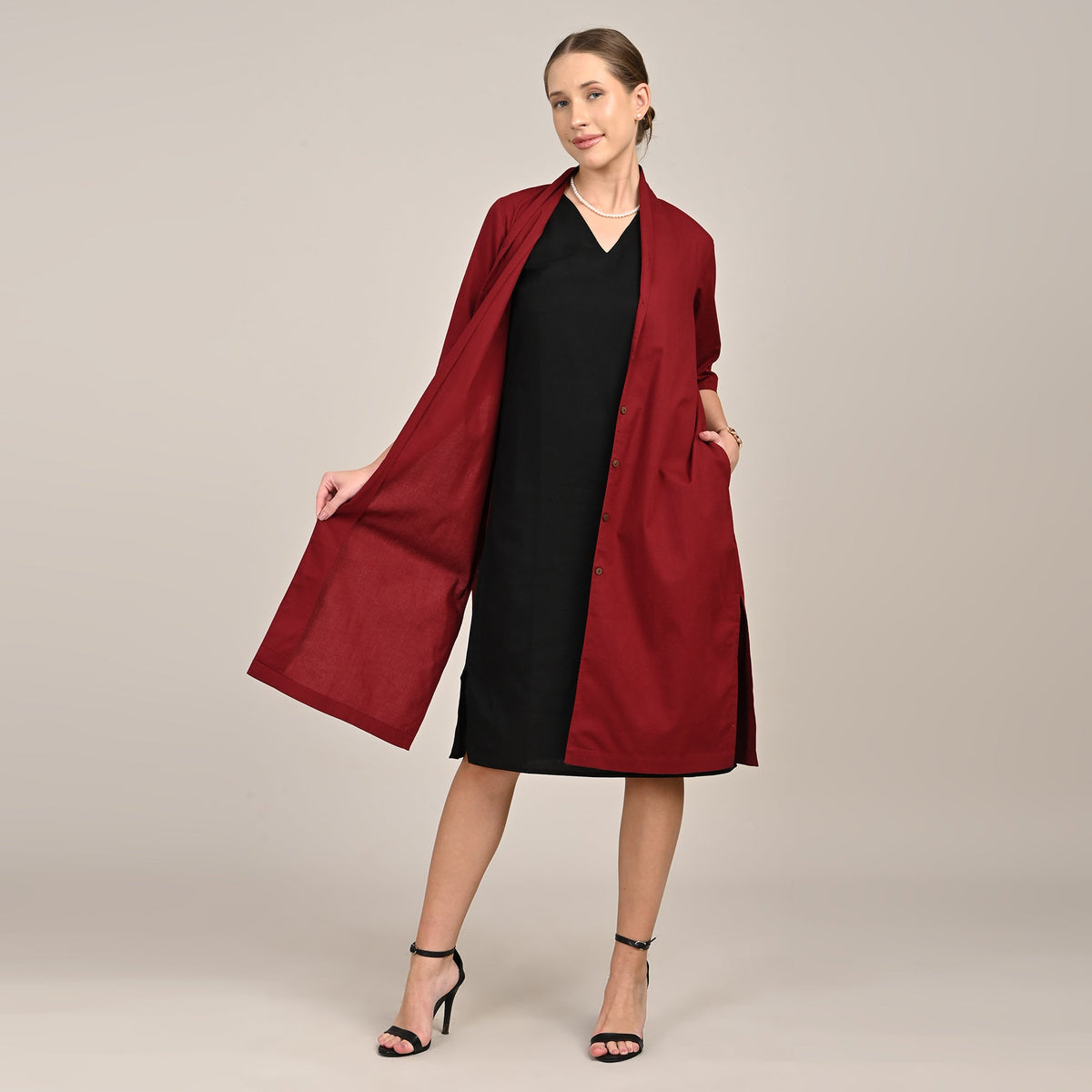 Dakota Set Of 2 - Long Shirt Jacket & Dress - Maroon & Black