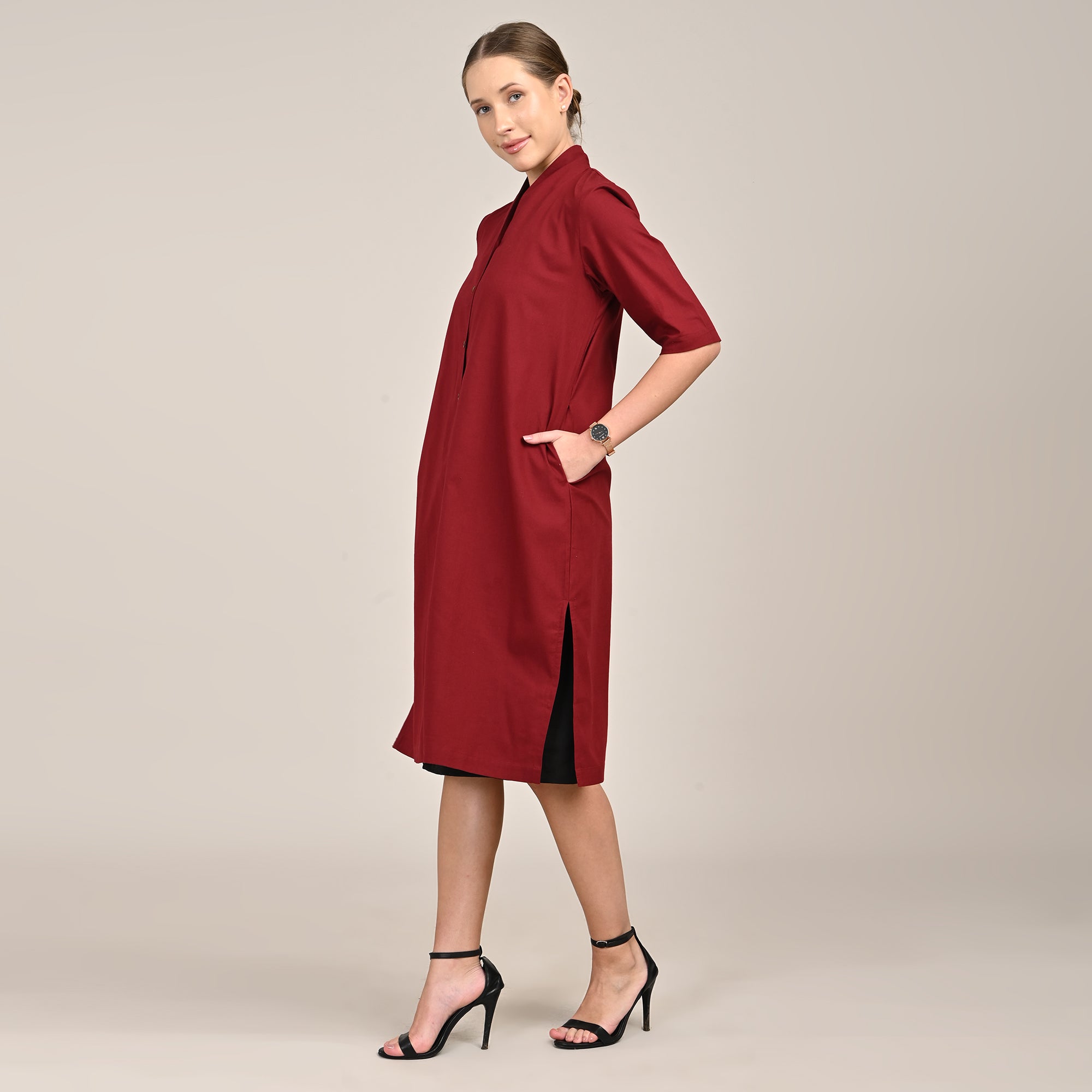 Dakota Set Of 2 - Long Shirt Jacket & Dress - Maroon & Black
