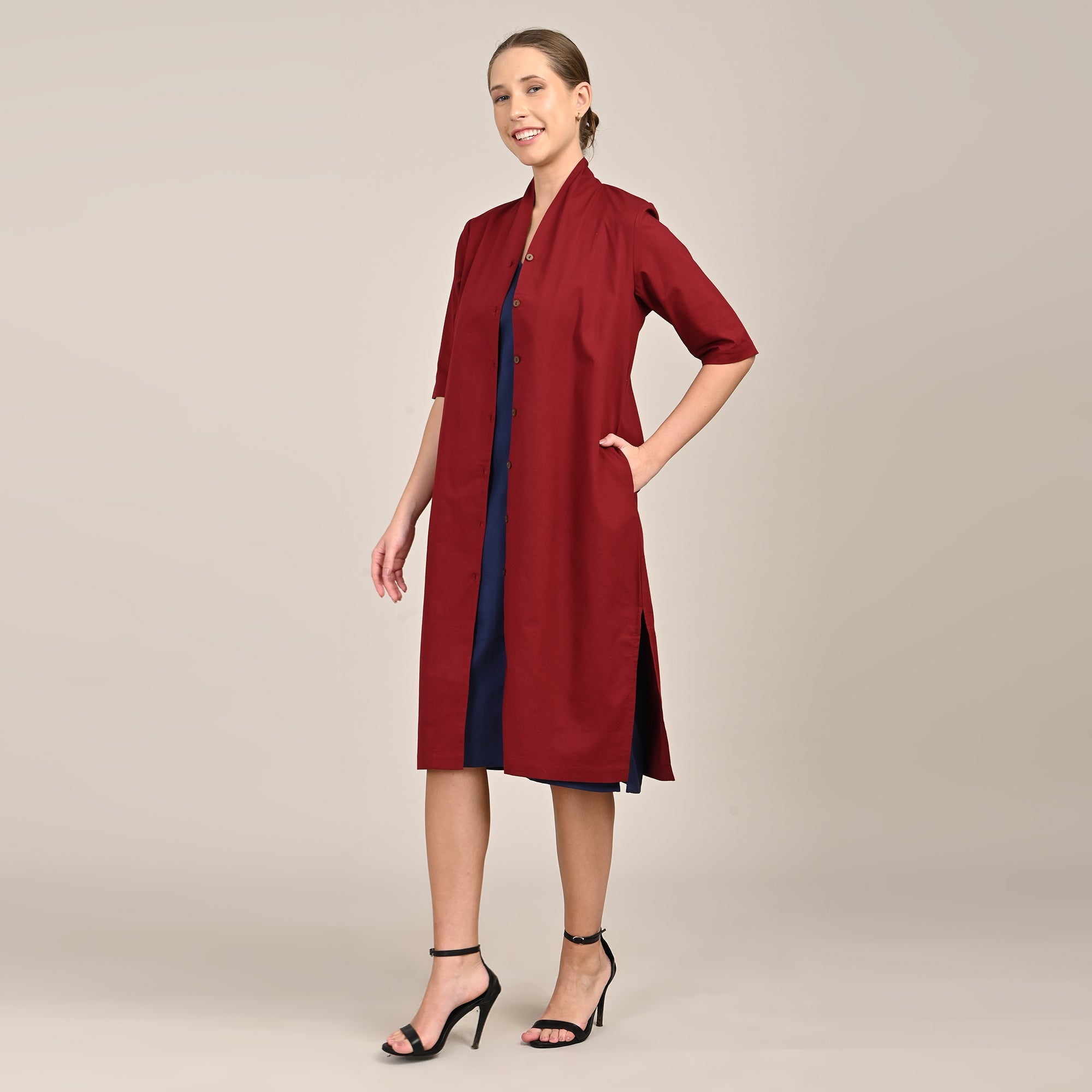 Dakota Set Of 2 - Long Shirt Jacket & Dress - Maroon & Navy