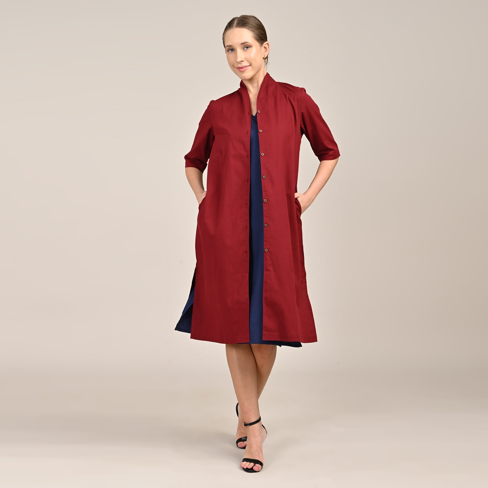 Dakota Set Of 2 - Long Shirt Jacket & Dress - Maroon & Navy