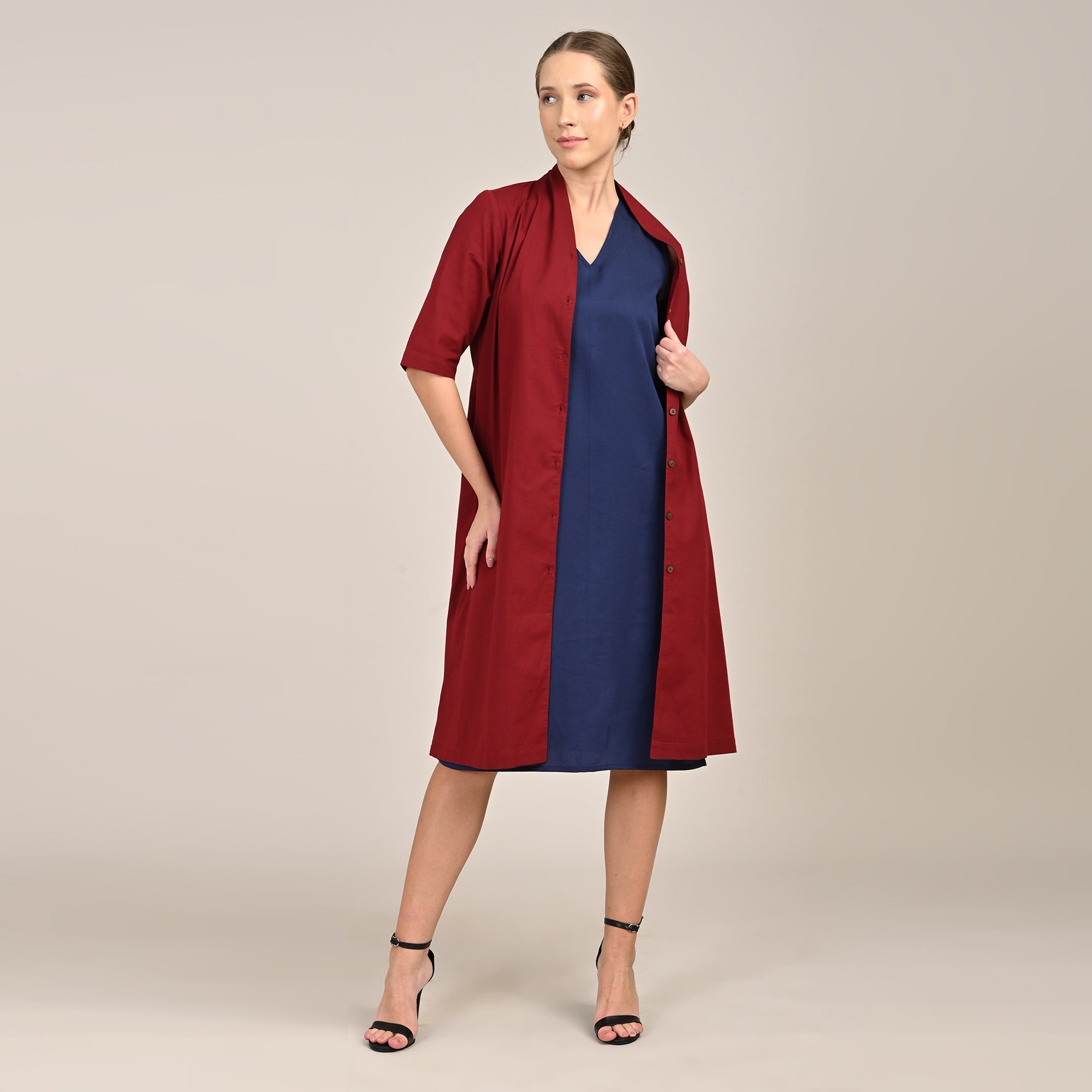 Dakota Set Of 2 - Long Shirt Jacket & Dress - Maroon & Navy