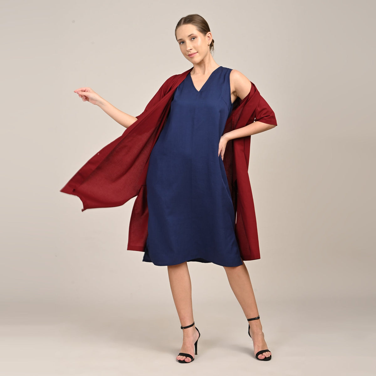 Dakota Set Of 2 - Long Shirt Jacket & Dress - Maroon & Navy