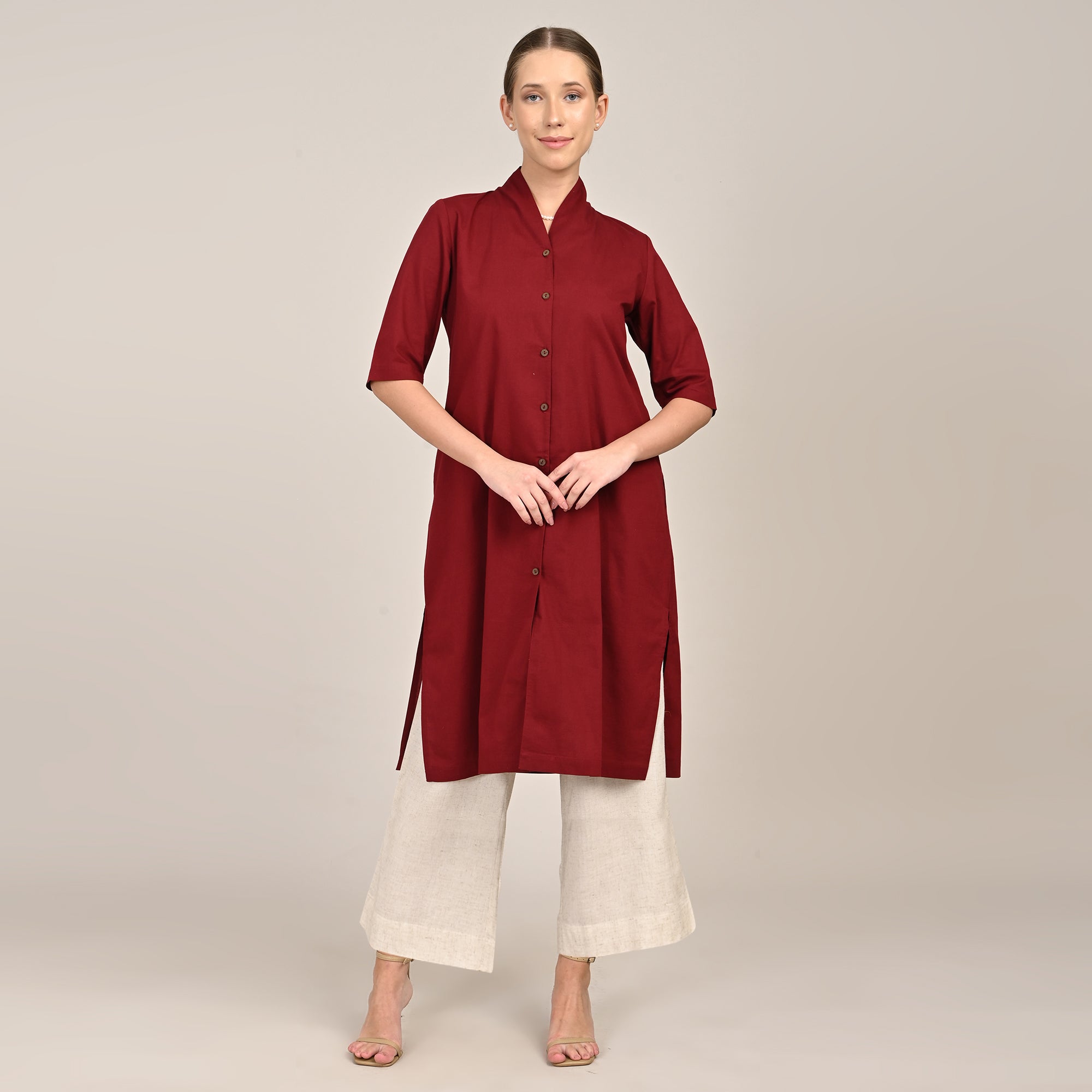 Dakota  Set of 3 - Long Shirt, Inner & Pants - Maroon & Beige