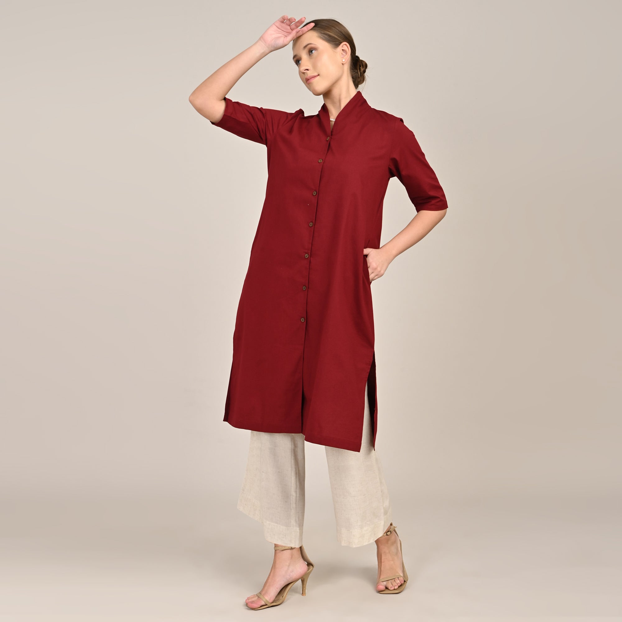 Dakota  Set of 3 - Long Shirt, Inner & Pants - Maroon & Beige