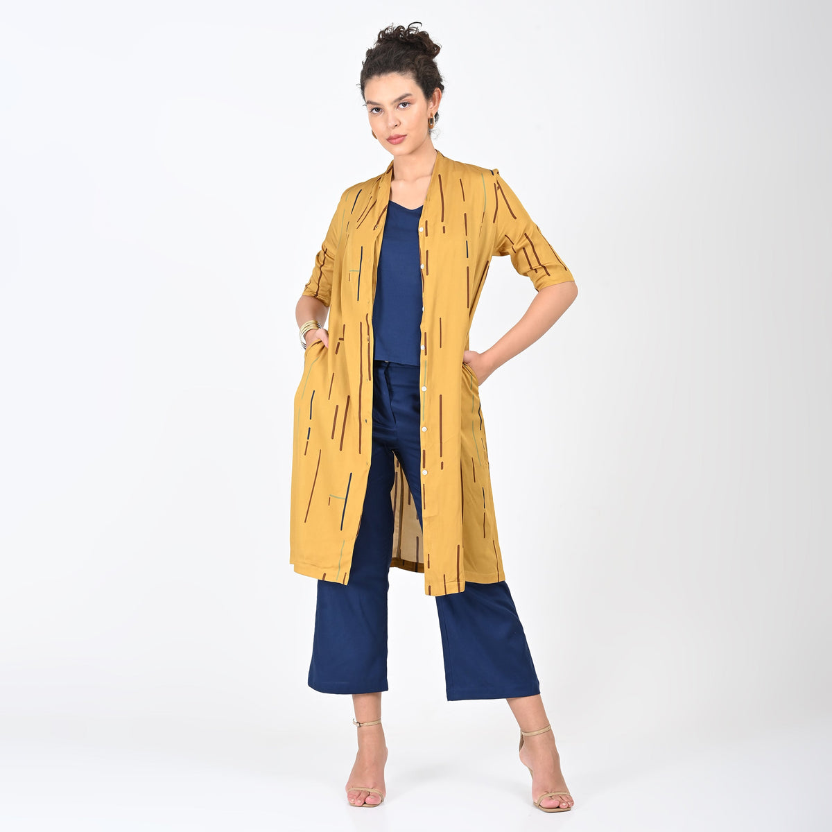 Dakota Set of 3 - Overlay, Slip Top & Pants - Mustard Cedar Print & Navy - Limited Edition