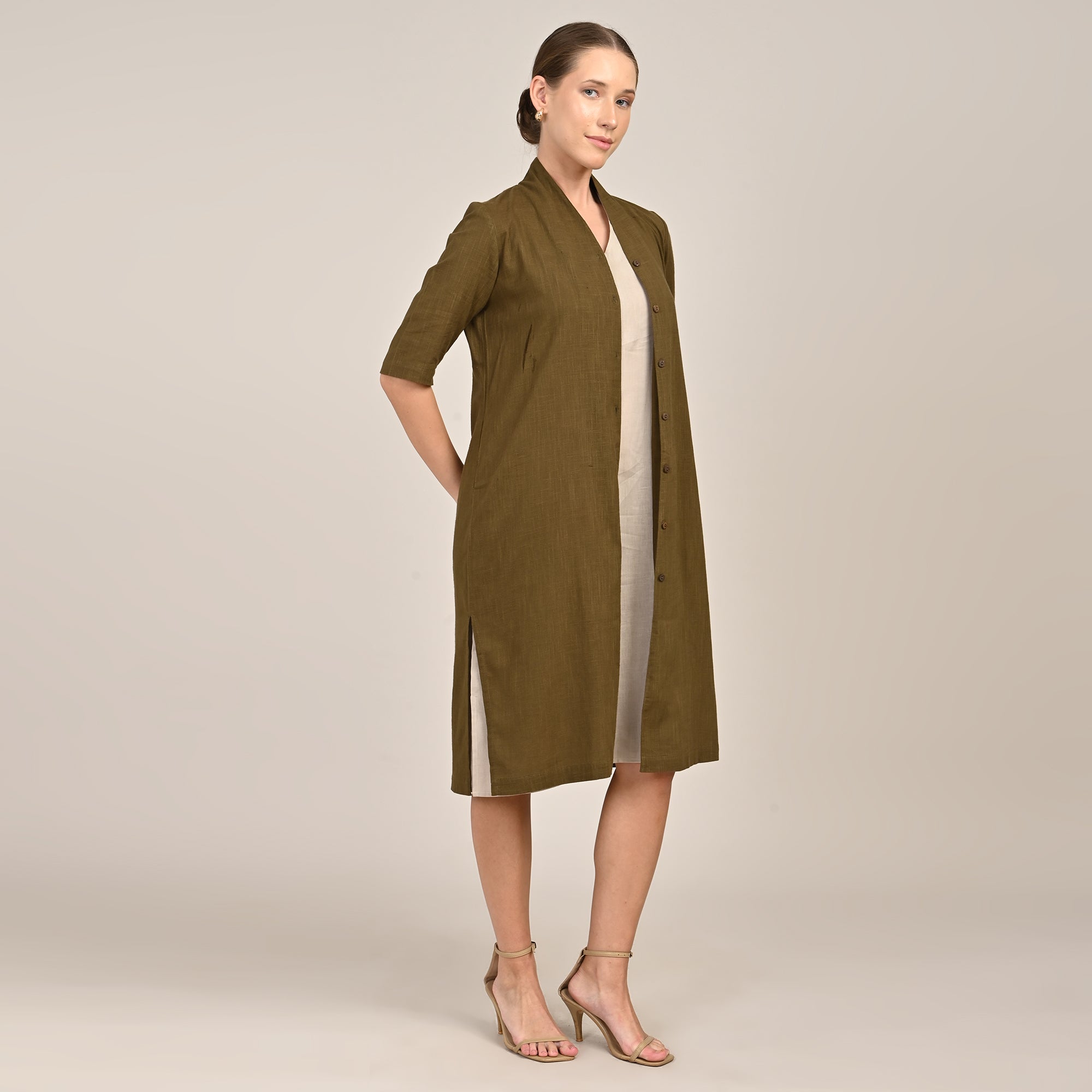 Dakota Set Of 2 - Long Shirt Jacket & Dress - Olive & Greige