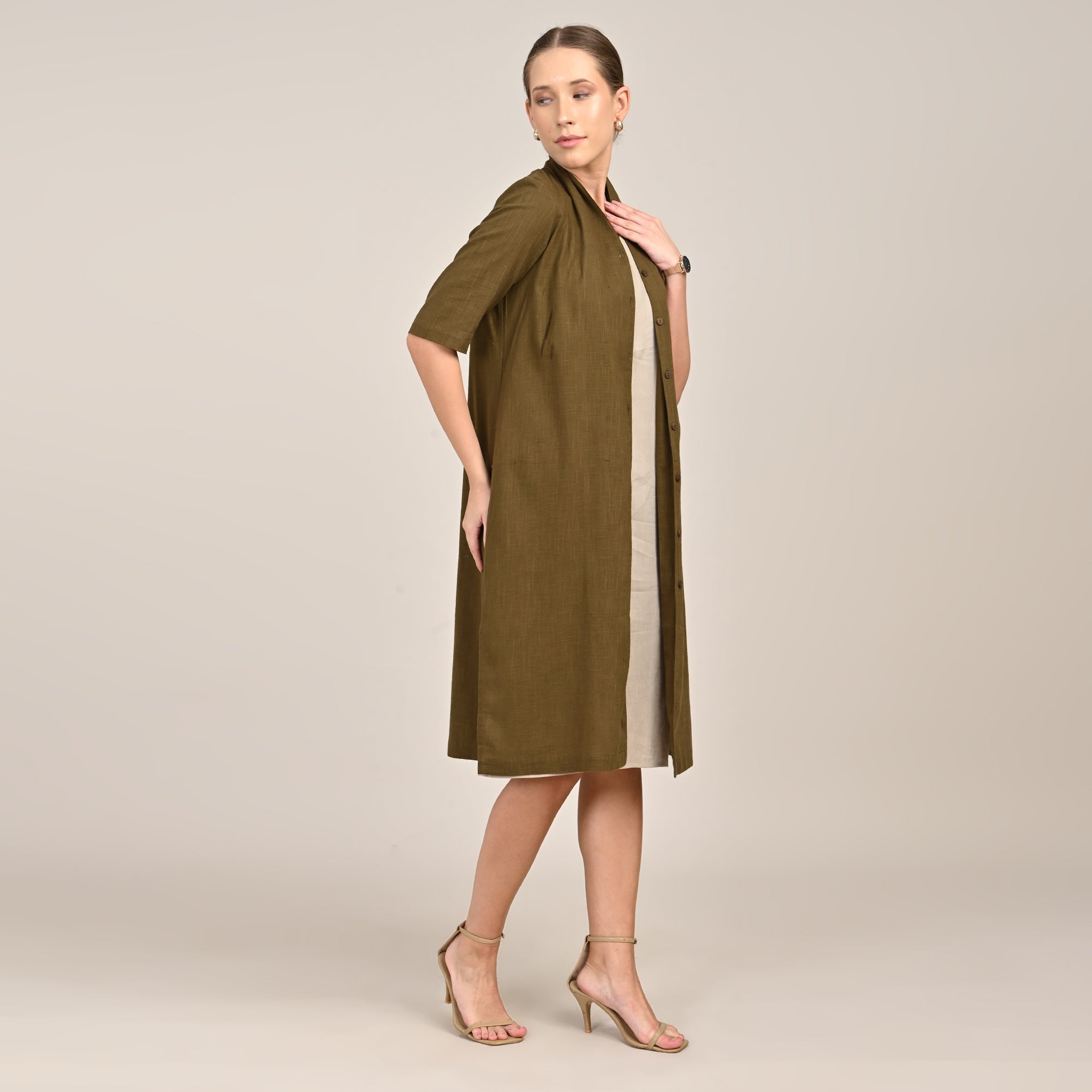 Dakota Set Of 2 - Long Shirt Jacket & Dress - Olive & Greige