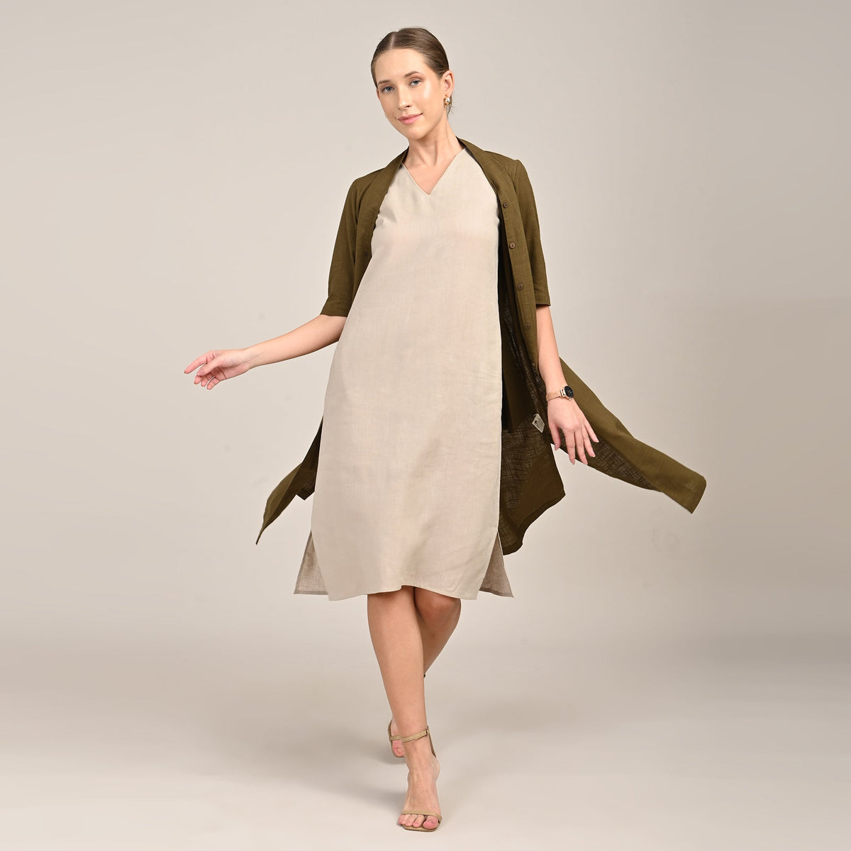 Dakota Set Of 2 - Long Shirt Jacket & Dress - Olive & Greige