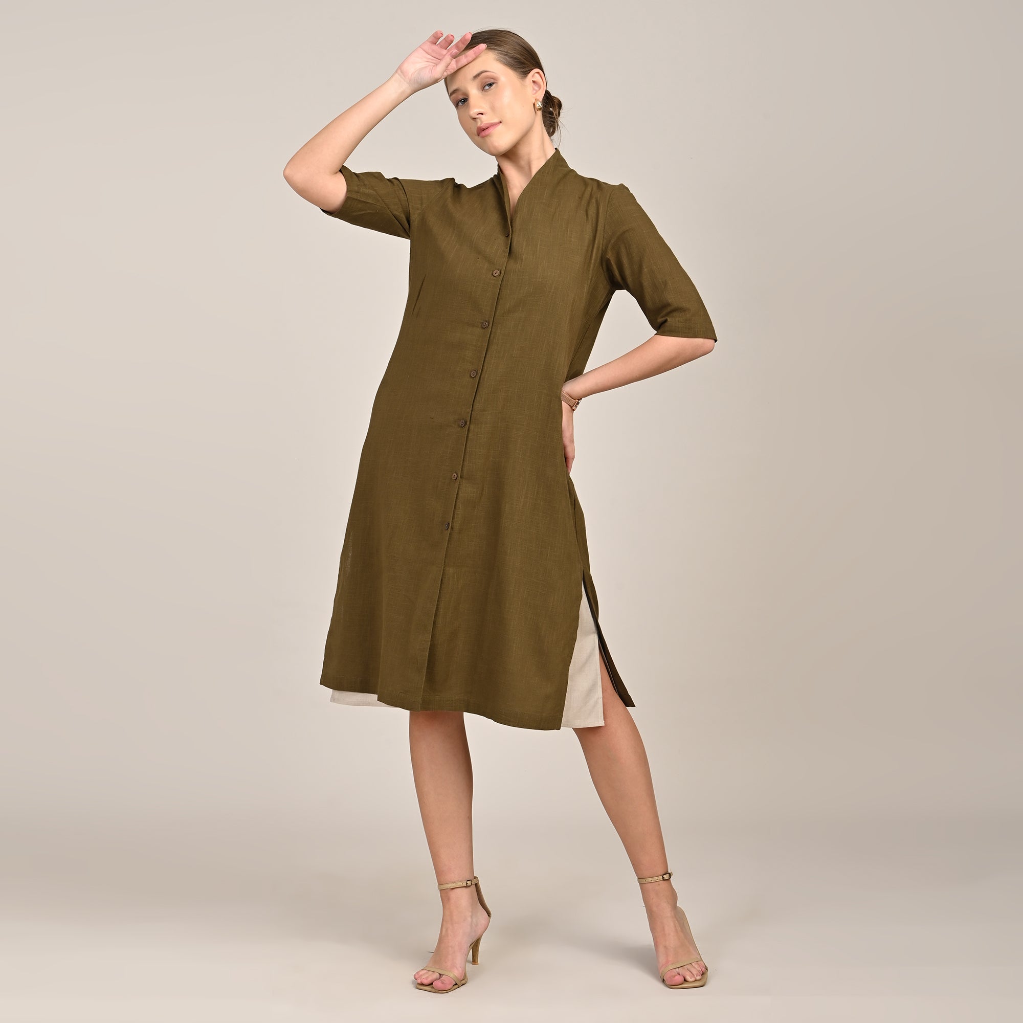 Dakota Set Of 2 - Long Shirt Jacket & Dress - Olive & Greige